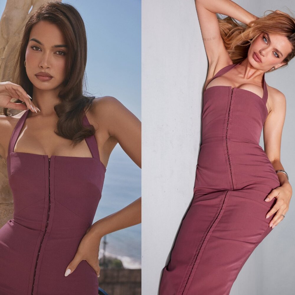 HOUSE OF CB 'Mia' Mulberry Twill Halter Maxi Dress NWOT